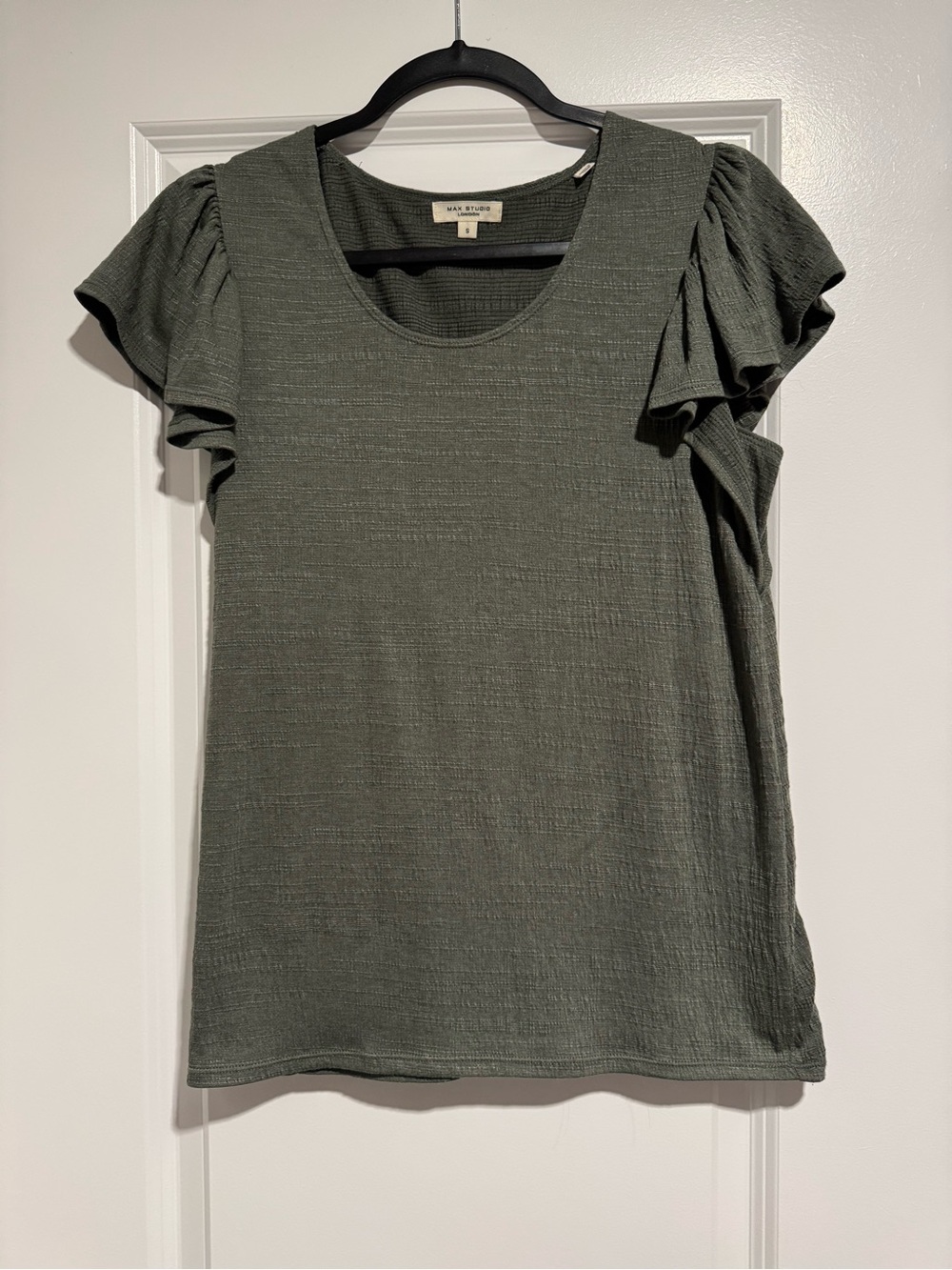 Max Studio Olive Green Flutter Sleeve Scoop Neck Tee